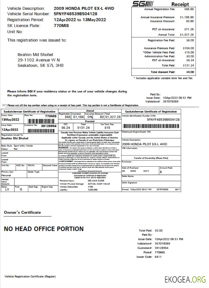 Canada Saskatchewan Certificat d'immatriculation du véhicule